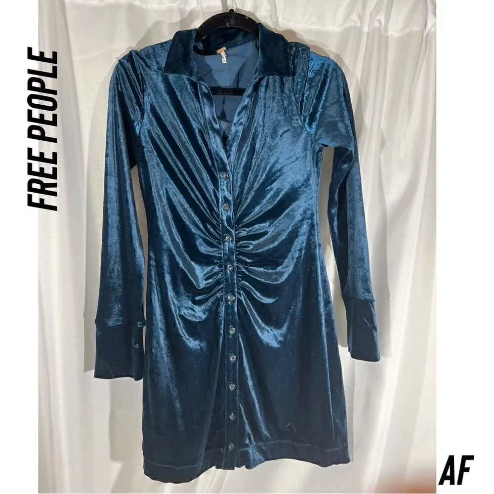 FREE PEOPLE SHAYLA VELVET MINI DRESS IN NAVY NEW XS